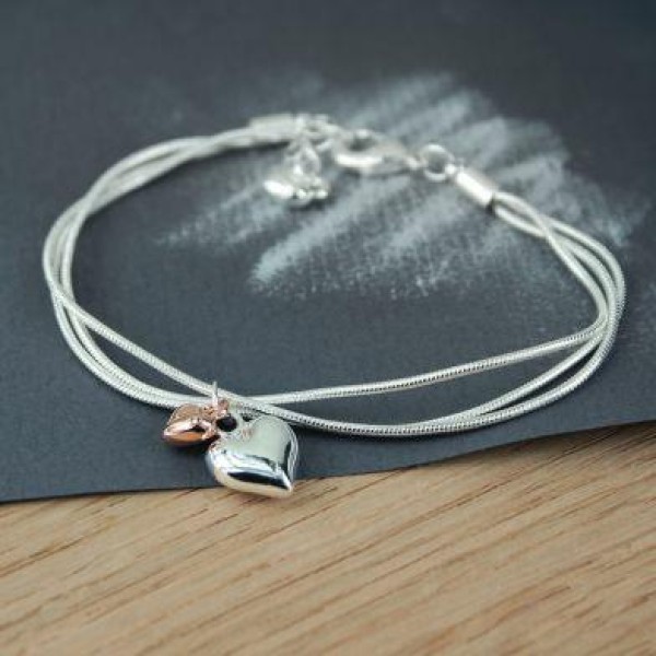 Triple chain bracelet with Two Hearts