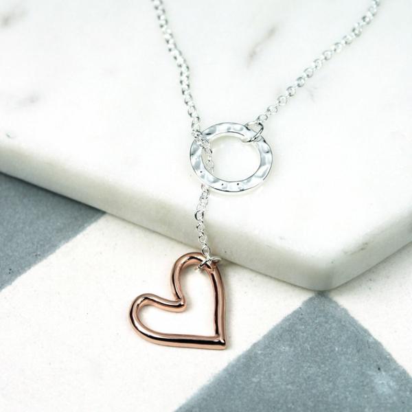 necklace silver circle and rose heart