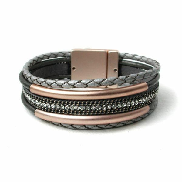 grey leather rose gold multi strand bracelet
