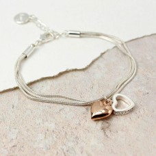 Silver Plated Triple Strand Bracelet with Crystal Heart and  Rose Gold Heart
