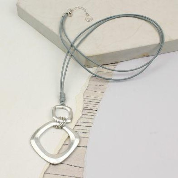 Worn Silver Square Hoop Grey Cord Necklace