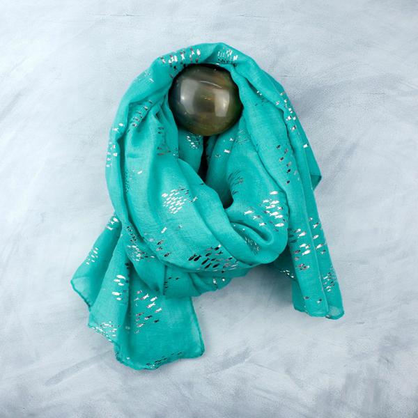 Green scarf with silver fish print