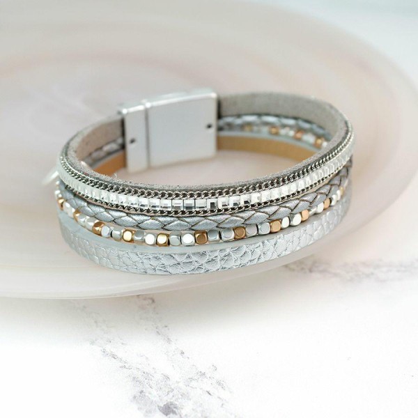 Matt silver multi strand Leather bracelet