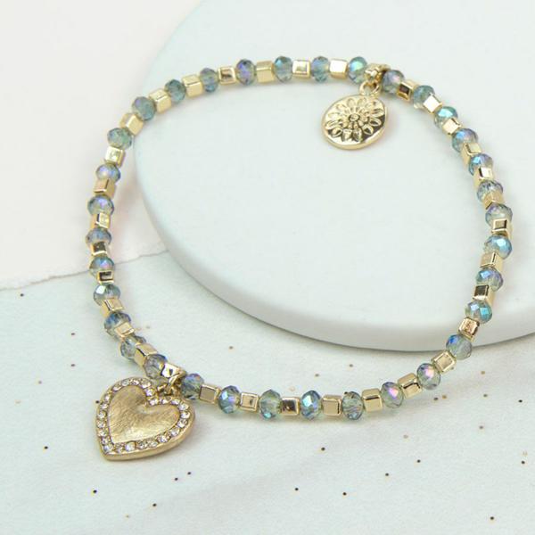 Blue bead bracelet with gold plated heart