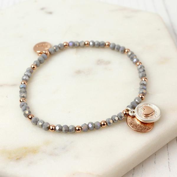 Rose gold scratch disc grey bead bracelet