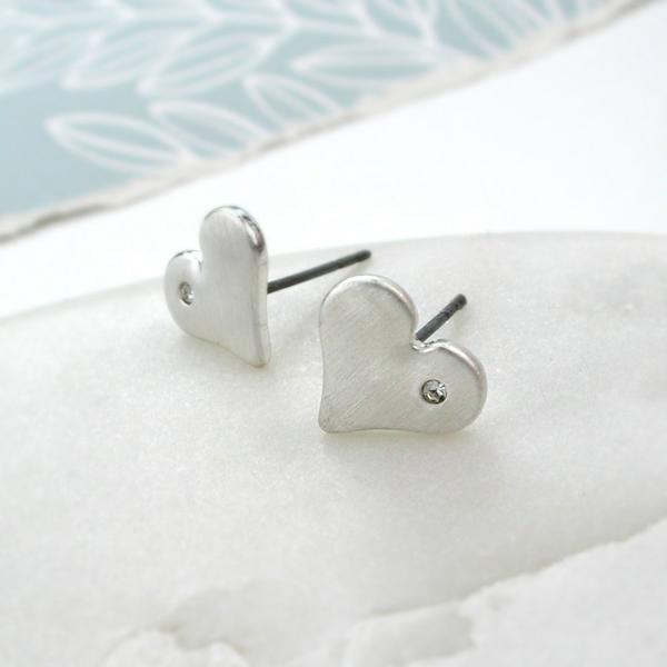Matt silver crystal heart stud earrings