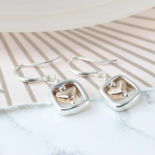 Rose gold heart and silver plated square earrings