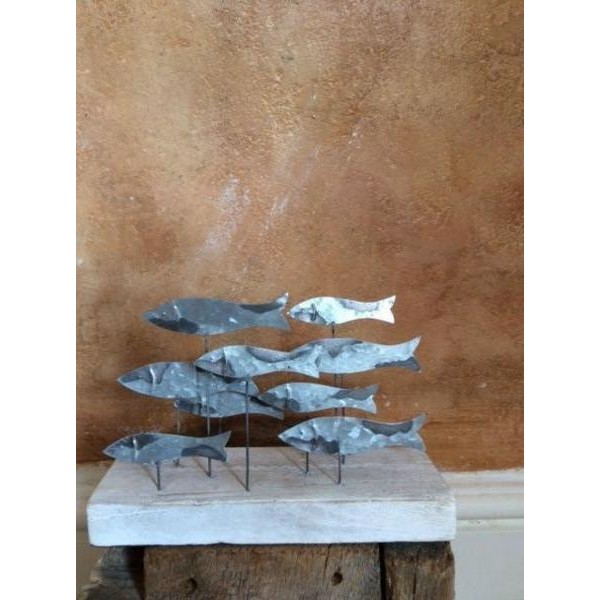 Tin school of fish on wooden base