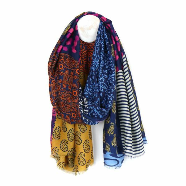 Indian Style Tassled Scarf Blue Mustard