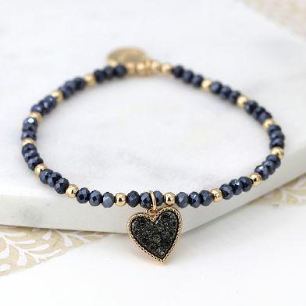 Black bead bracelet heart charm