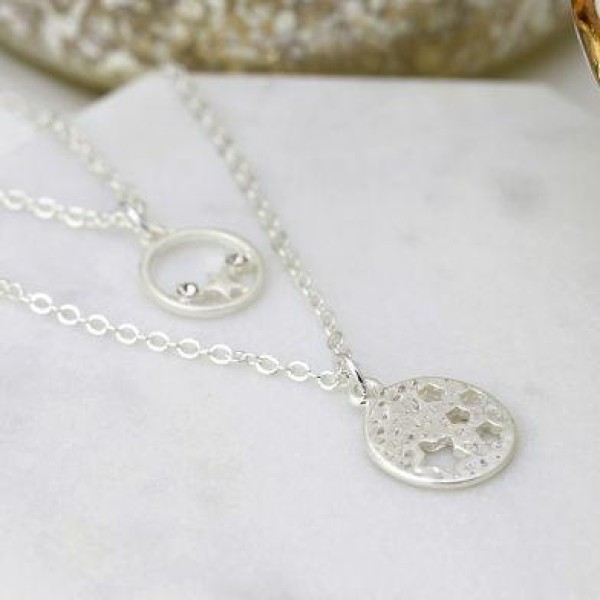 Silver plated double layer star disc necklace