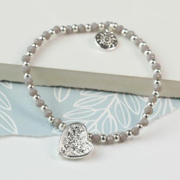 Silver Plated Crinkle Heart And Grey Bead Bracelet