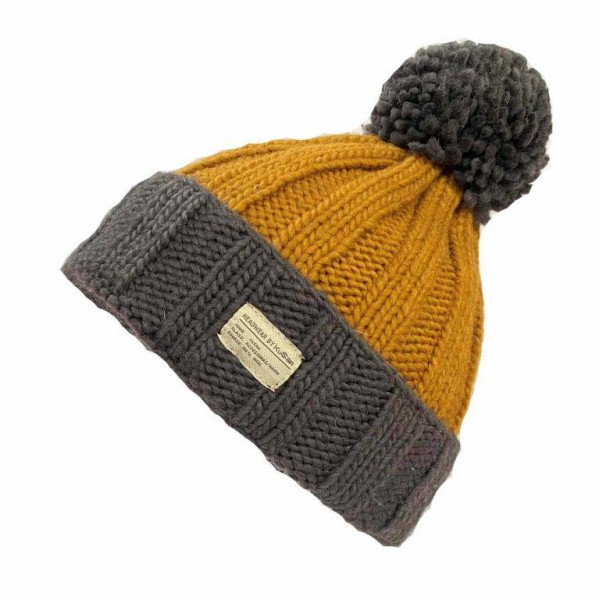 KUSAN Bobble Hat With Turn Up Charcoal Caramel
