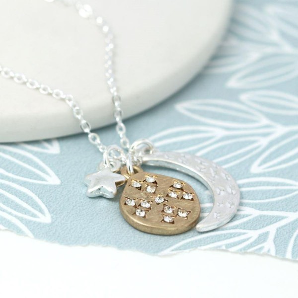 Silver Plated Moon Stars and Planet Necklace