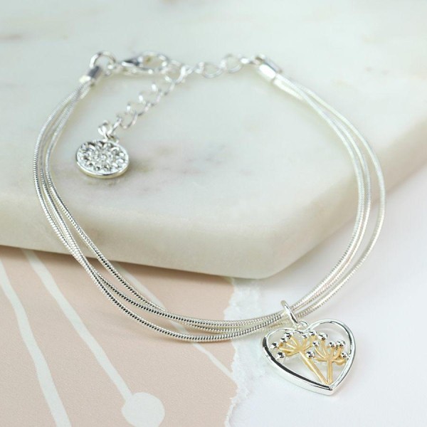 Silver Plated Heart Bracelet With Floral Centre