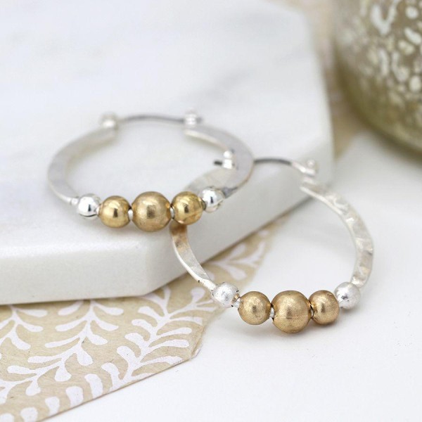 Silver Plated Hoop And Golden Bead Earrings