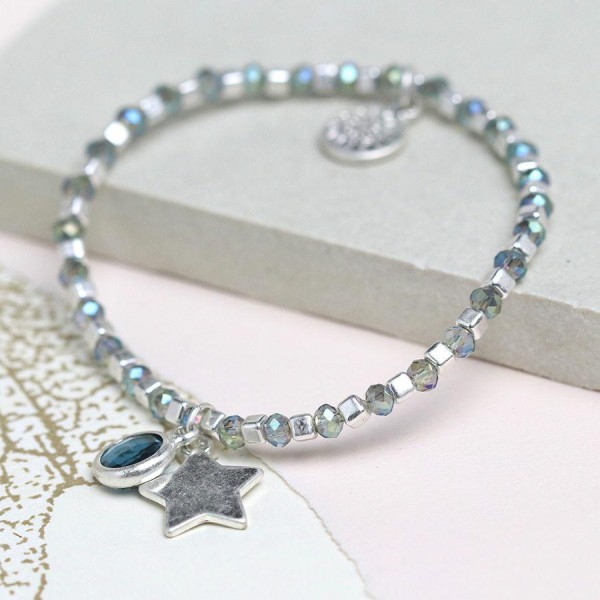 Blue Cystal and Silver Bead Bracelet with Star