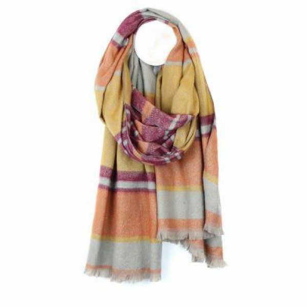 Burnt Orange Red and Gold Woven Striped Scarf with Lurex