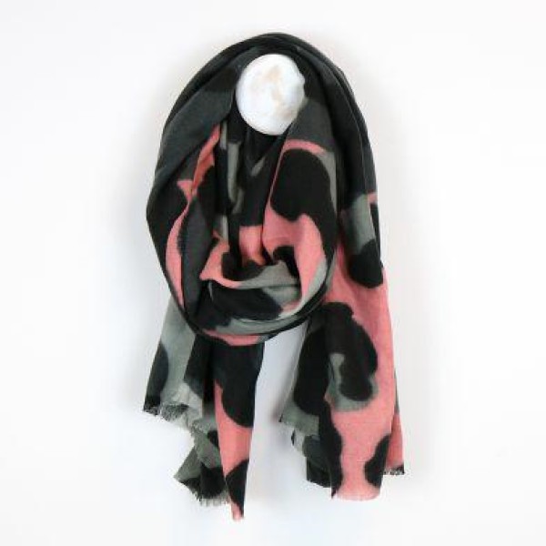 Soft Feel Animal Print Scarf Pink Grey and Olive