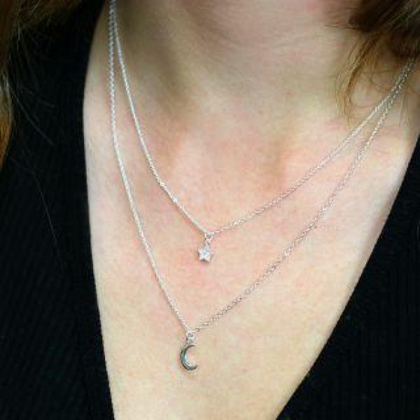 Silver Plated Double Layer Star and Moon Necklace
