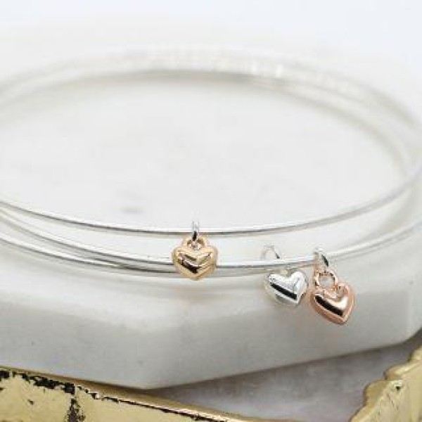 Silver Plated Triple Bangle Set with Hearts