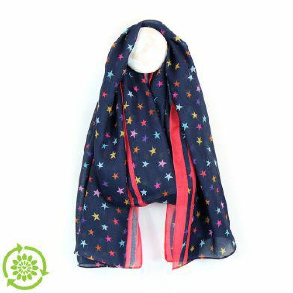 Recycled Fibre Scarf Falling Star Navy with Coral Border