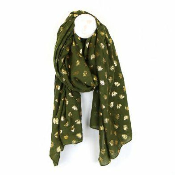 Khaki Green Scarf with Rose Gold Bee Print
