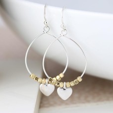 Silver Plated Teardrop Earrings with Golden Beads and Heart Charm