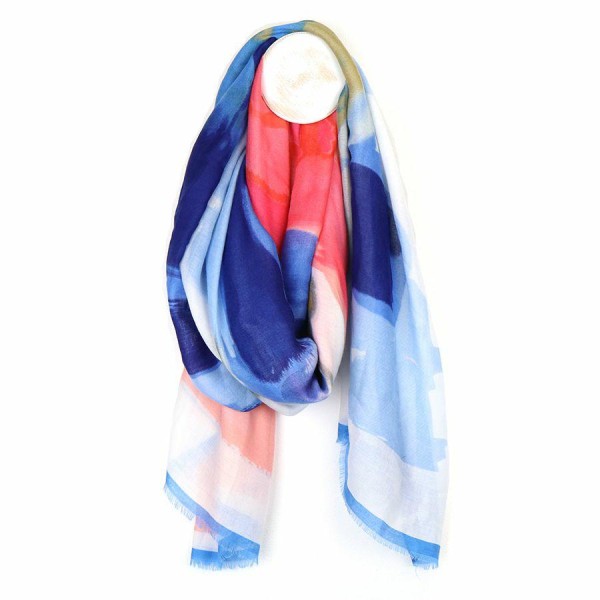 Blue and Coral Abstract Paint Print Scarf
