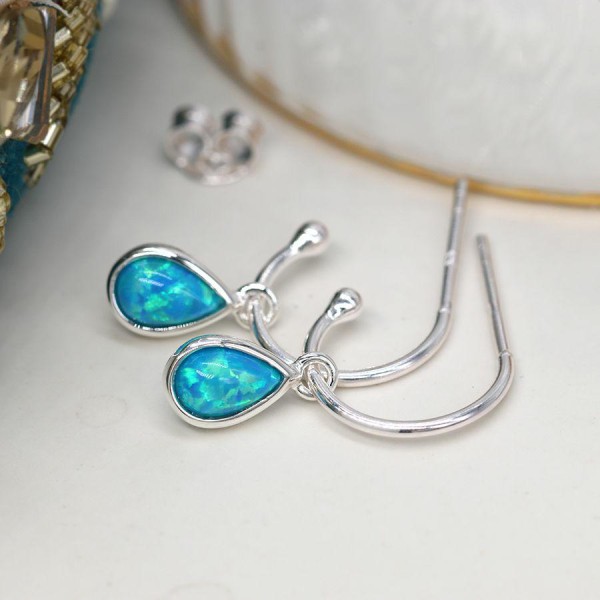 Sterling Silver Open Hoop Blue Opal Drop Earrings