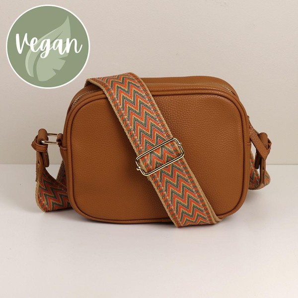 Tan Vegan Leather Camera Bag with Zig-Zag Strap
