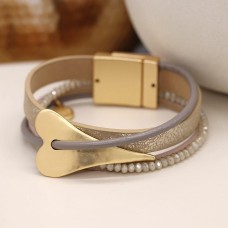 Taupe Leather Magnetic Bracelet With Gold Heart