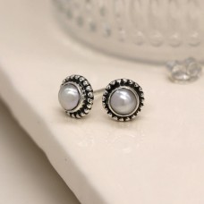 Sterling Silver Dotted Border Pearl Stud Earrings